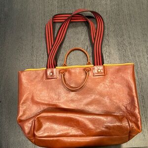 Clare V / LE ZIP SAC - MAHOGANY RUSTIC W/ BLACK & RED MINI STRIPE WEBBING
